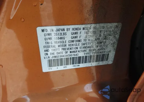 2010 Honda Fit Sport from USA, damaged, VIN JHMGE8H43AC007643